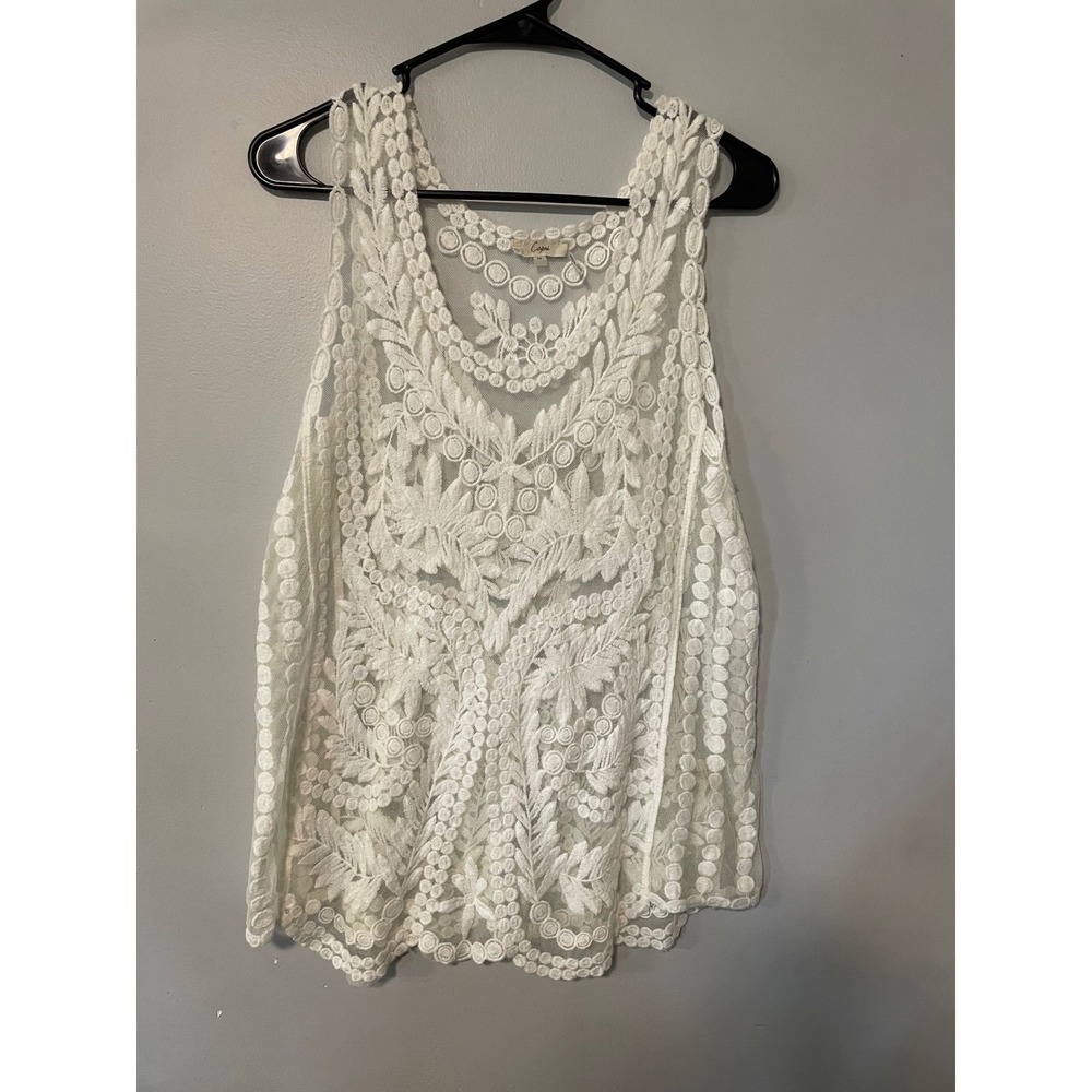 Capri White Embroidered Mesh Lace Sleeveless Boho Tank Top Medium
